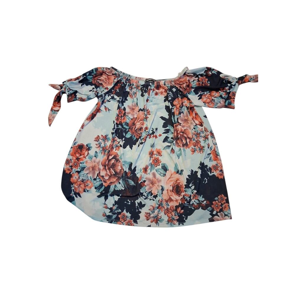 HEIMISH USA Off-Shoulder Floral Blouse in Light Blue and Coral Cottagecore Boho - Picture 3 of 7